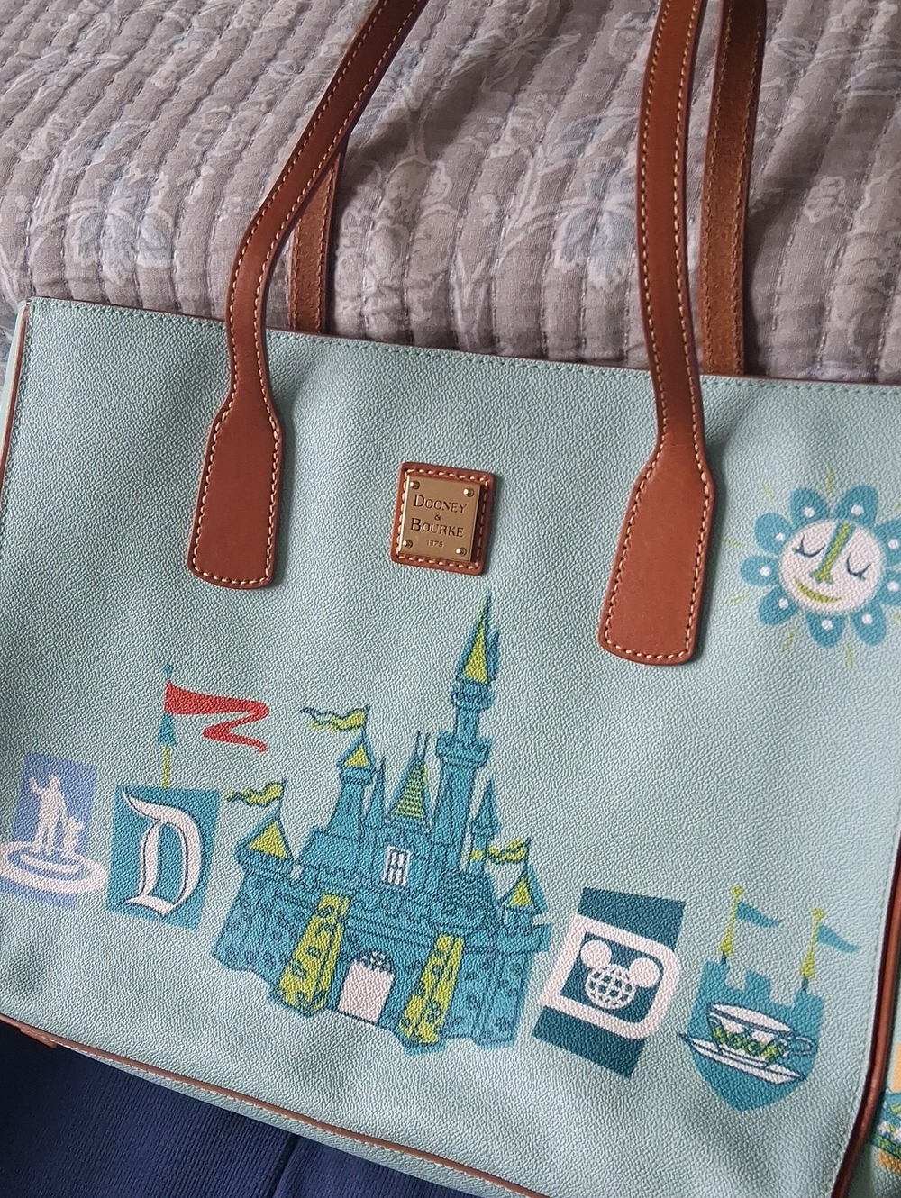 Dooney & Bourke Mint Castle Print Tote with Brown Leather Trim